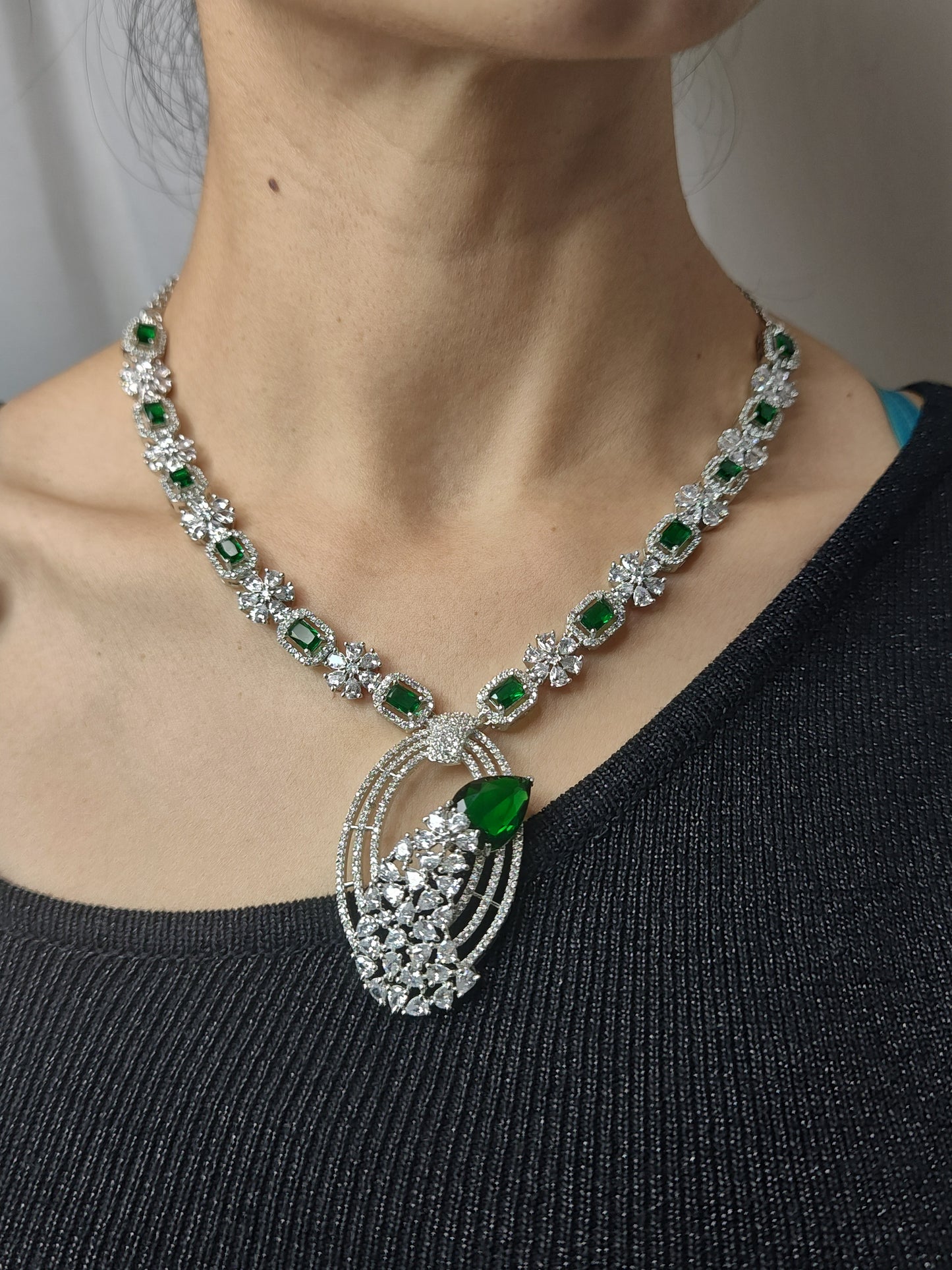 Stunning Green and American Diamond Peacock Necklace Set.
