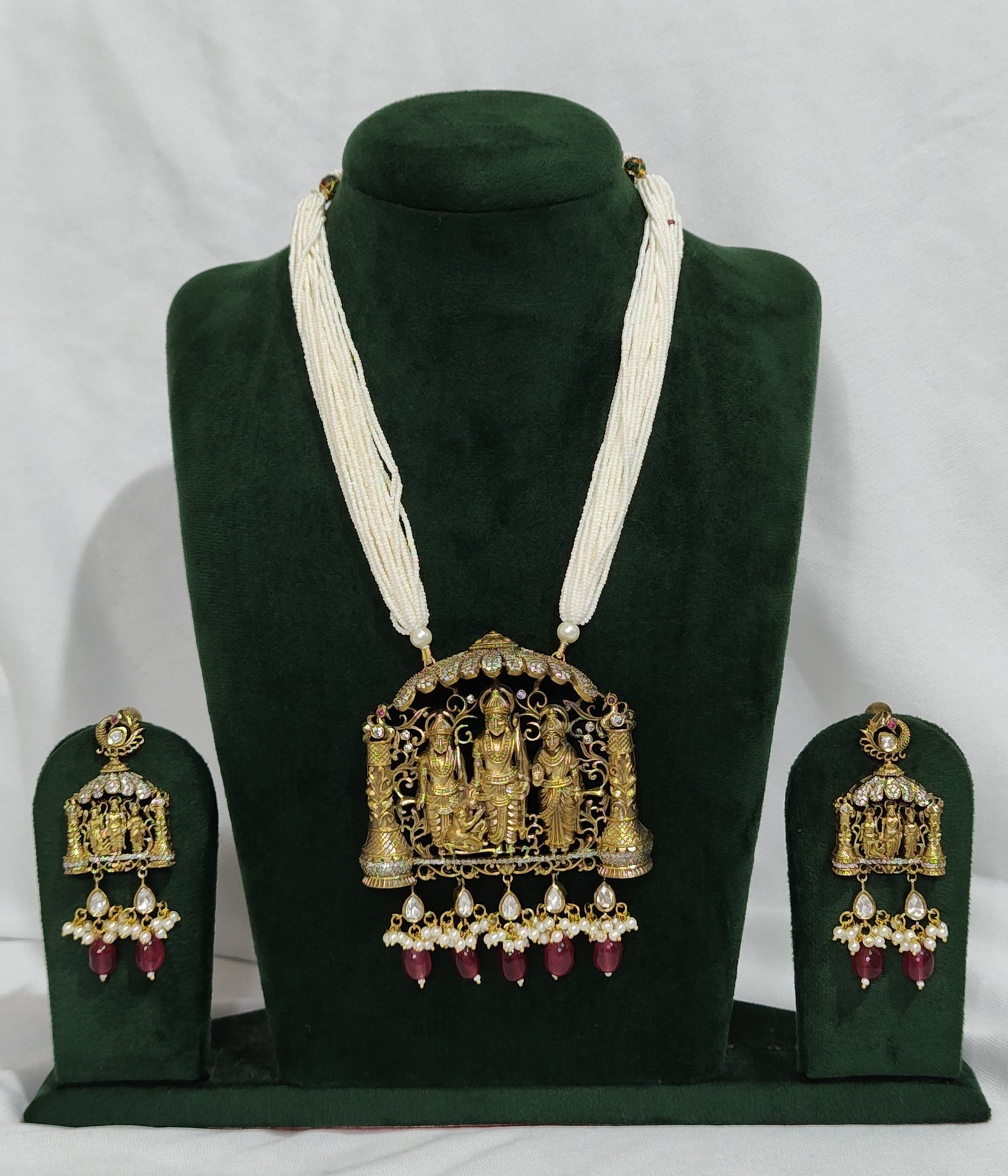 Temple jewelry necklace set with Ram Darbar pendant and pearl beads