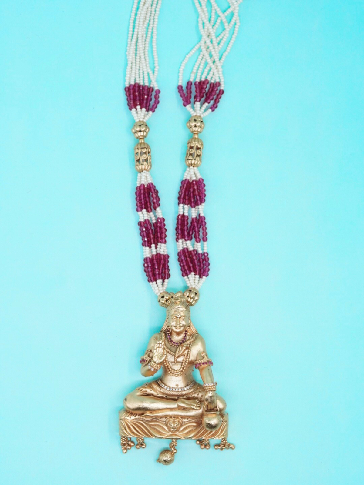 Traditional Shiva pendant red white beads long necklace top view