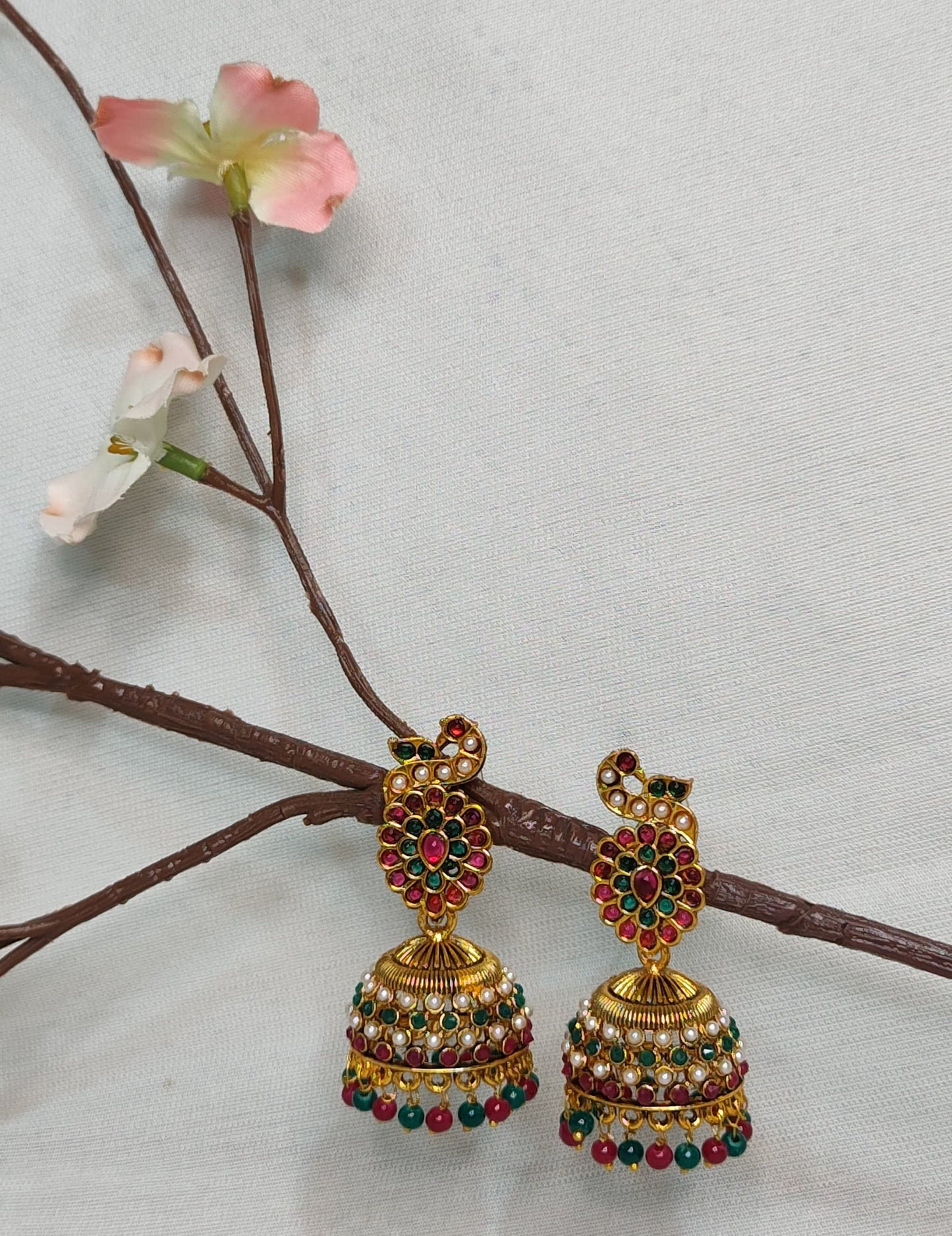 Beautifully Detailed Peacock Design Jhumka Earrings with Pearls & Colorful Beads