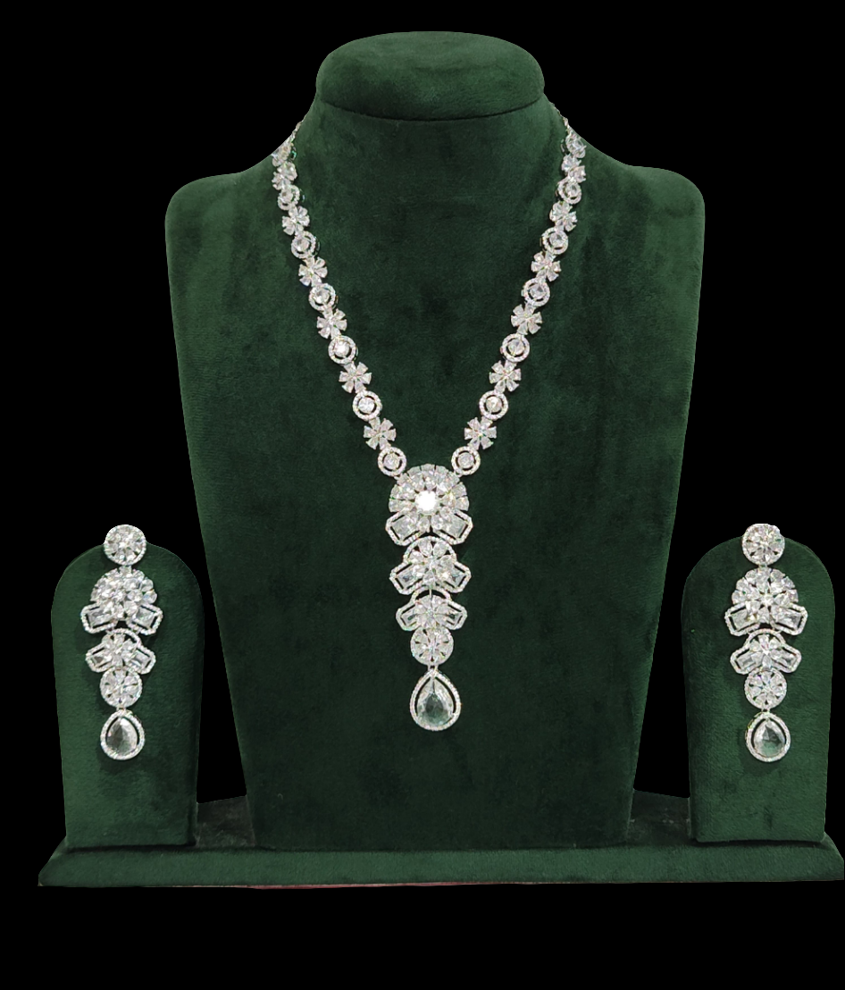 Radiant Floral American Diamond Long Necklace Set with Teardrop Pendant and Earrings