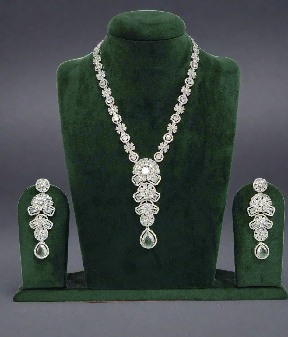 Radiant Floral American Diamond Long Necklace Set with Teardrop Pendant and Earrings