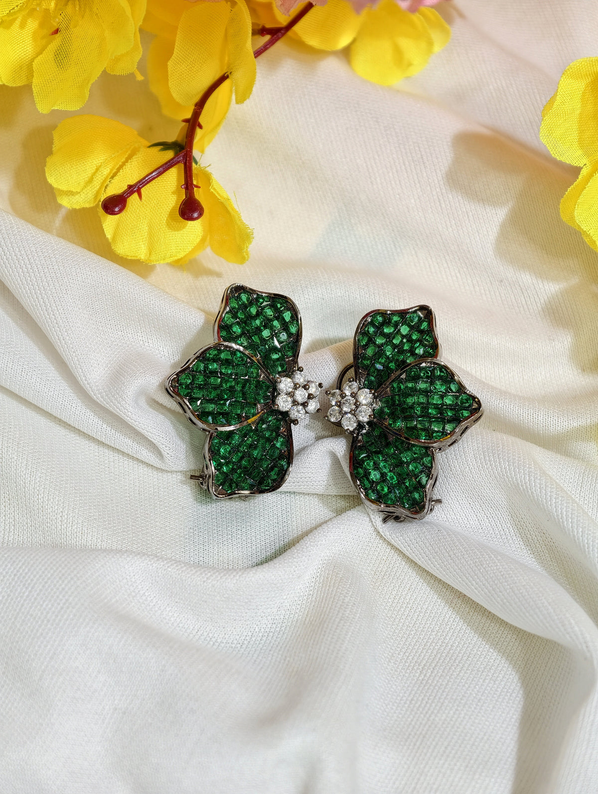 Original product view of Emerald Green Nano Setting AD half flower Stud Earrings