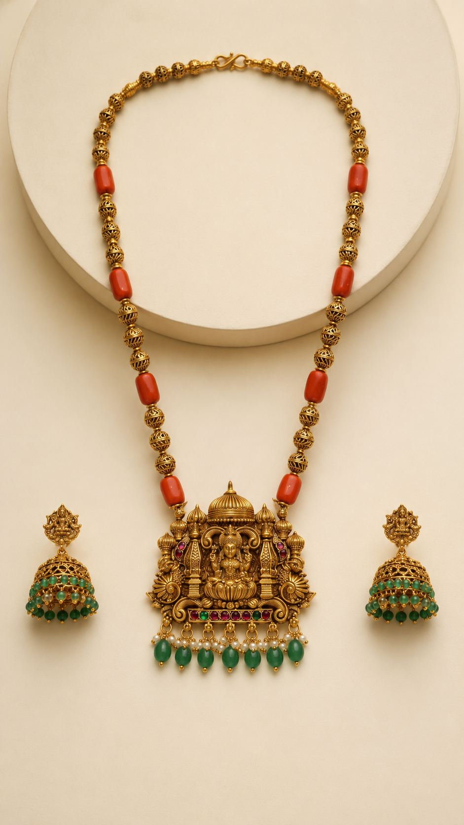 Lakshmi motif temple long necklace set arranged on a premium ivory background