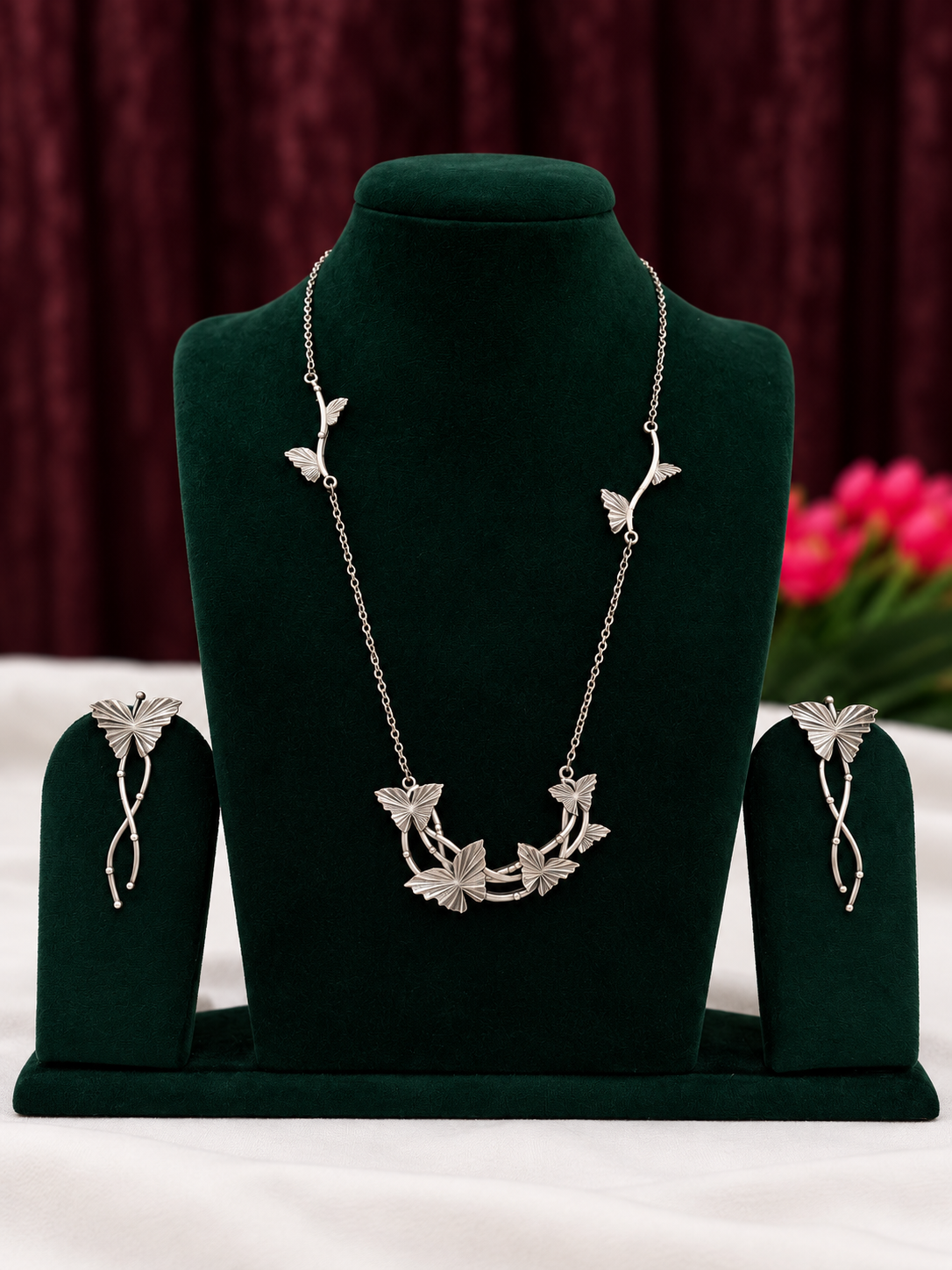 Oxidised silver replica butterfly vine necklace set with matching long butterfly earrings