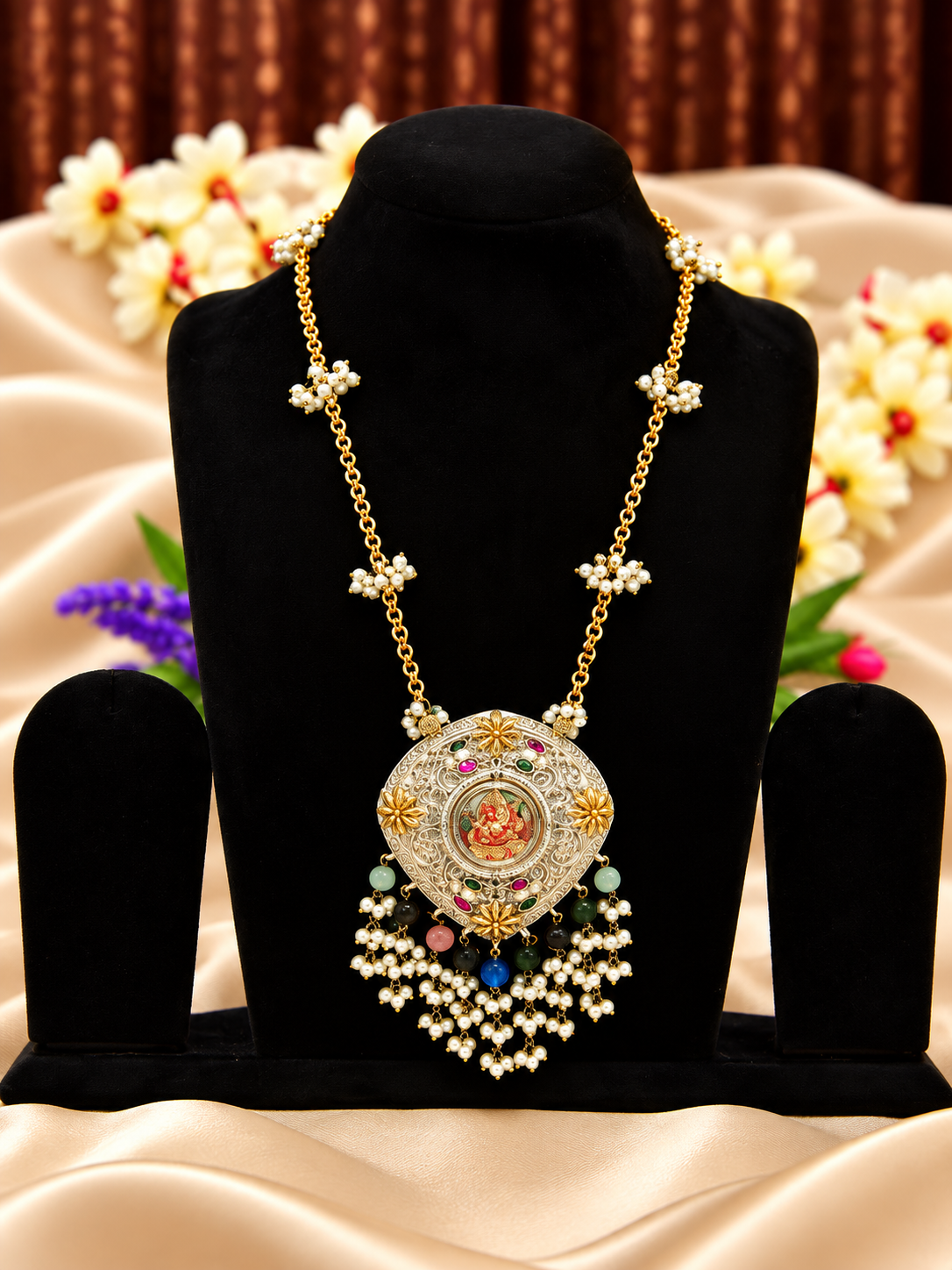 Oxidised silver replica Ganesha medallion necklace with pearl-style and multicolour bead drops