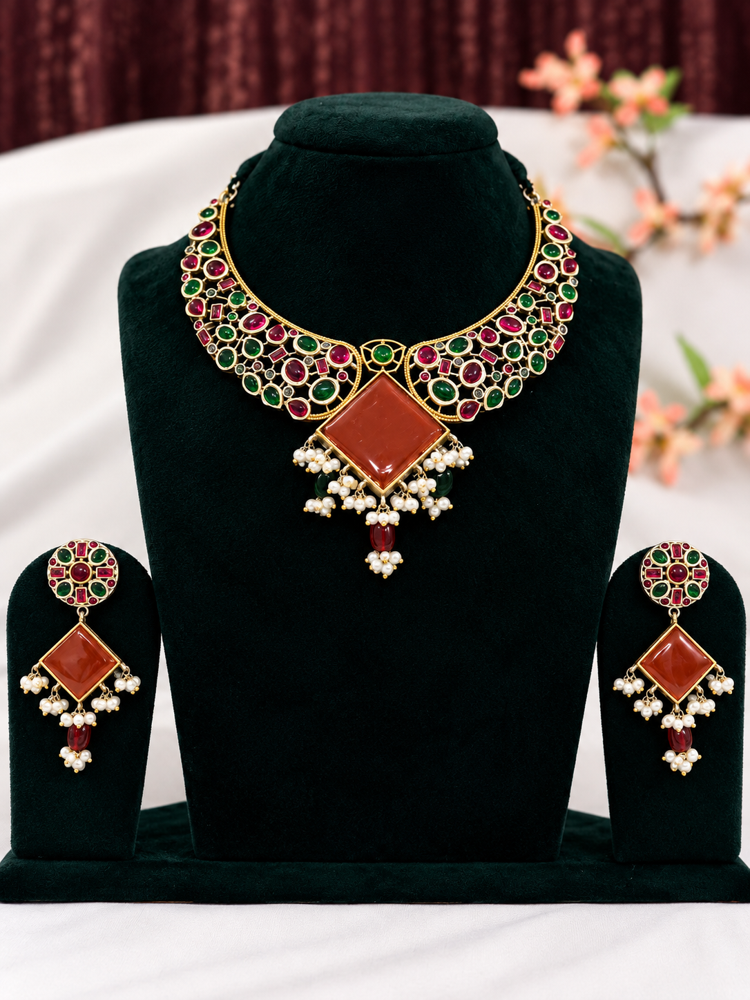 Oxidised silver replica green red square pendant choker necklace set with matching earrings