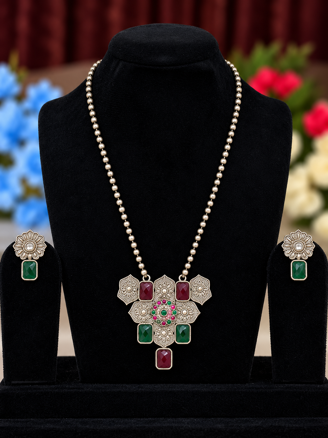 Oxidised silver replica green and red stone floral pendant necklace set with matching earrings