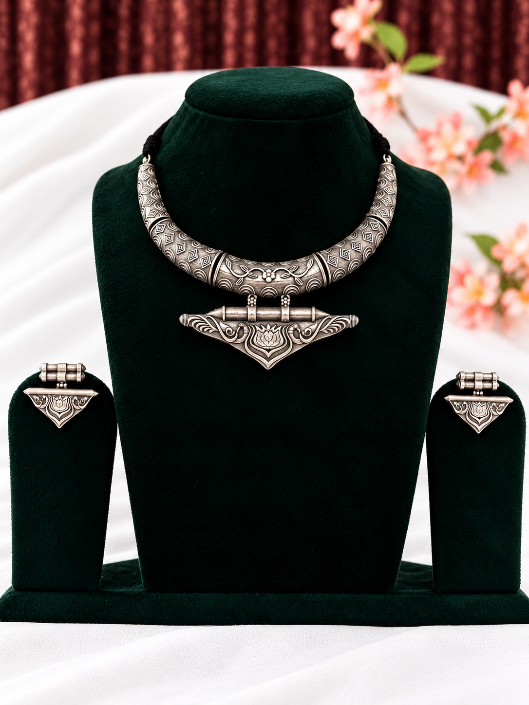 Oxidised silver replica lotus motif hasli necklace set with matching earrings