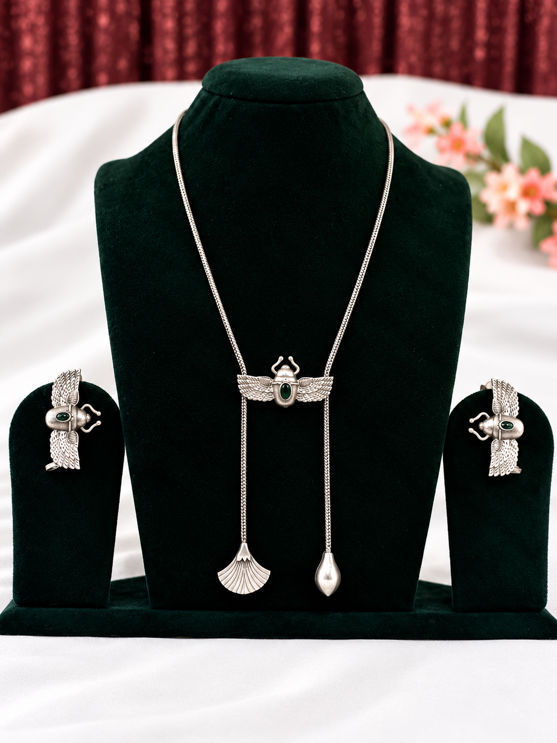 Oxidised silver replica minimalist lariat necklace set with matching earrings