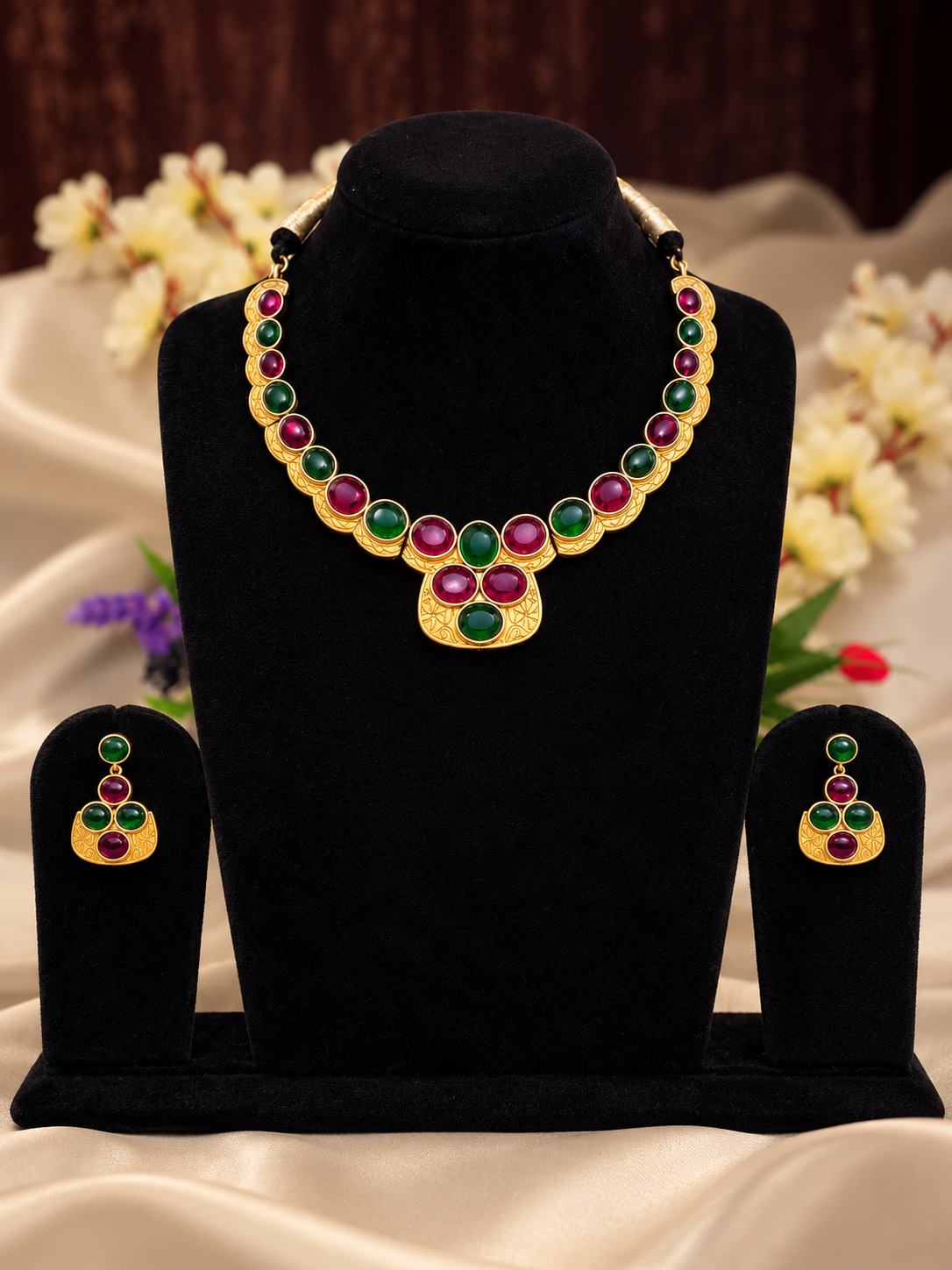 Oxidised silver replica multicolour stone choker necklace set with matching earrings