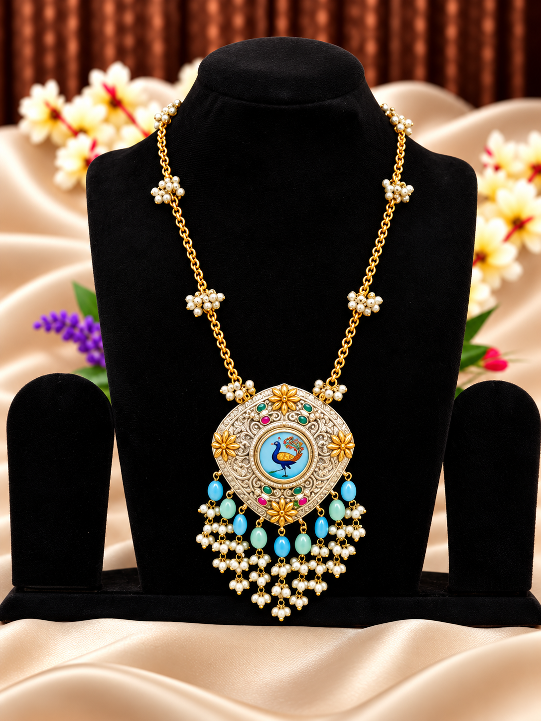 Oxidised silver replica peacock medallion necklace with pearl-style and blue green bead drops