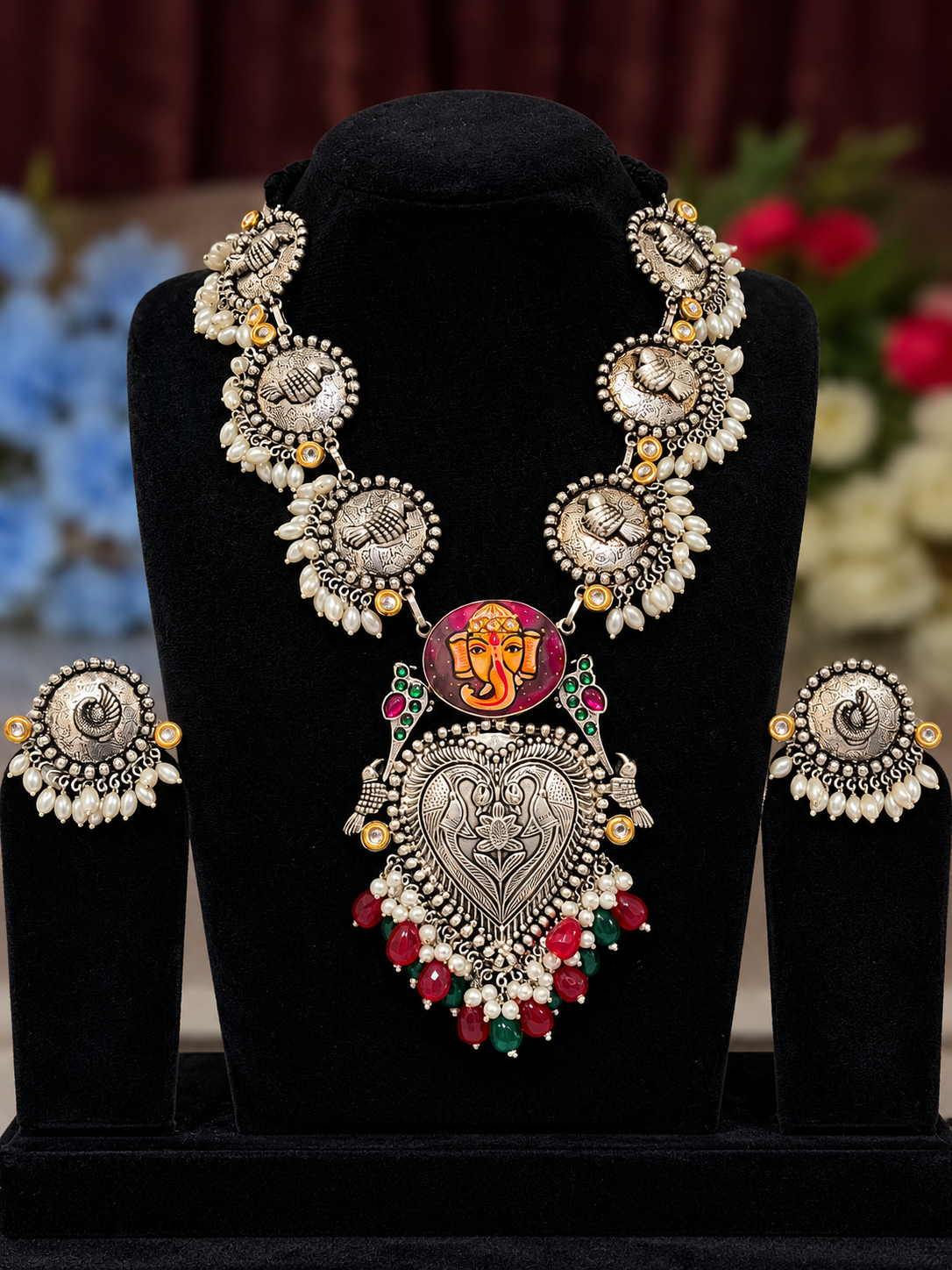 Oxidised silver replica temple deity medallion necklace set with matching earrings