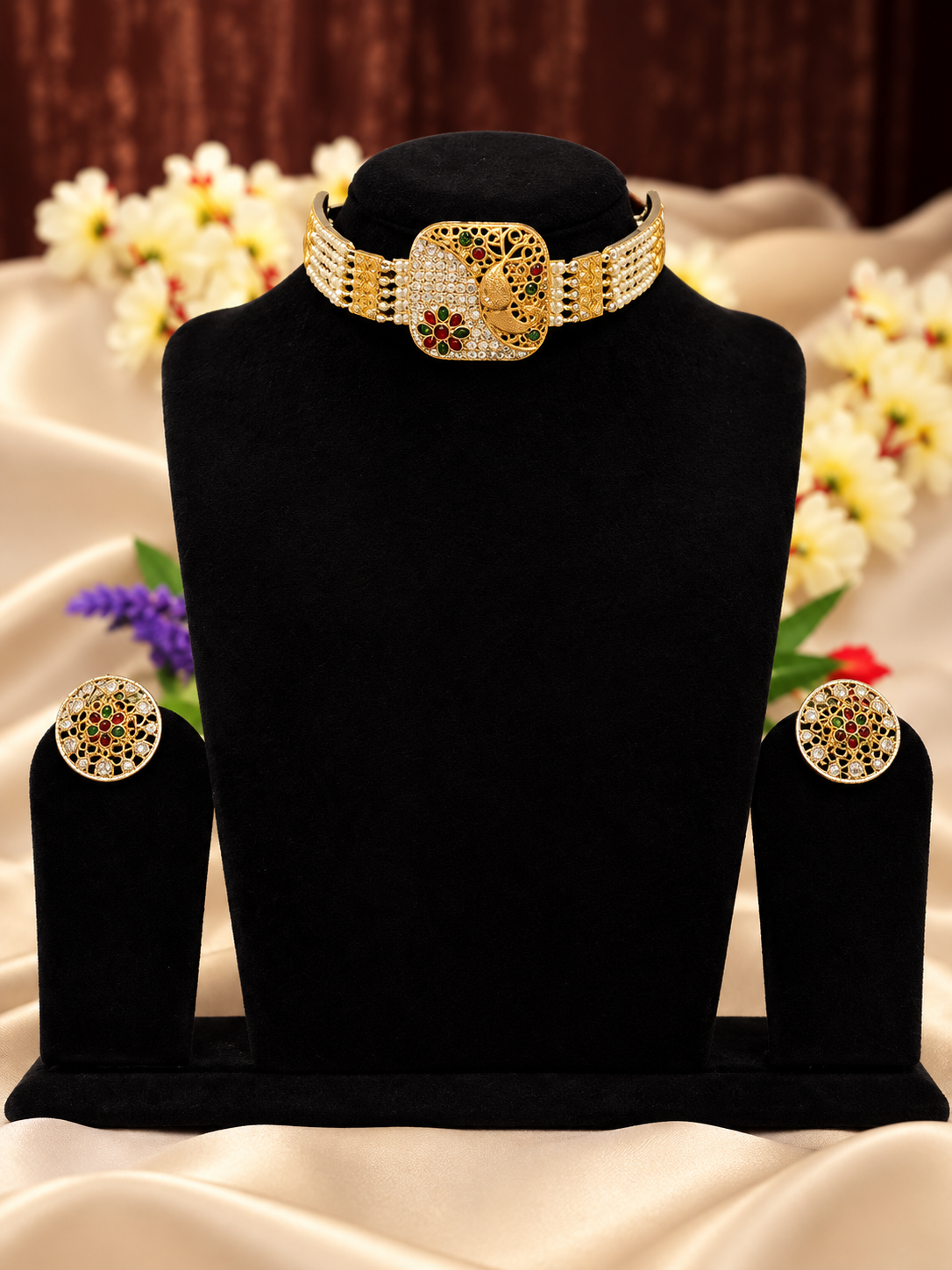 Oxidised silver replica two-tone beaded choker necklace set with matching earrings