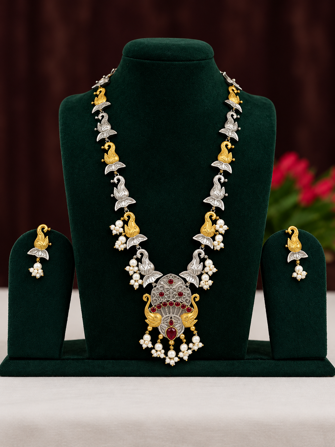Oxidised silver replica two-tone bird garland necklace set with matching earrings