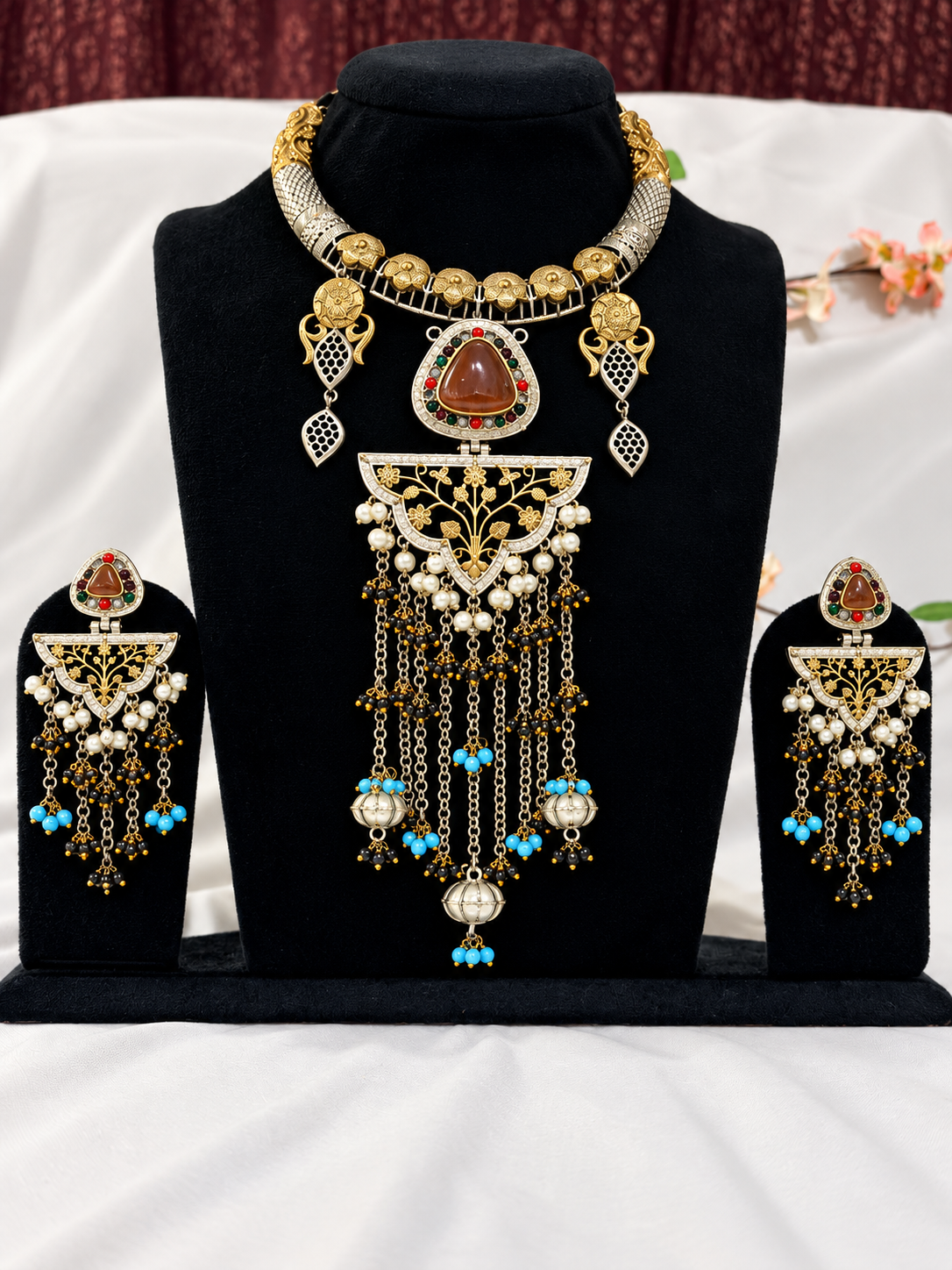 Oxidised silver replica two-tone tassel pendant necklace set with matching earrings