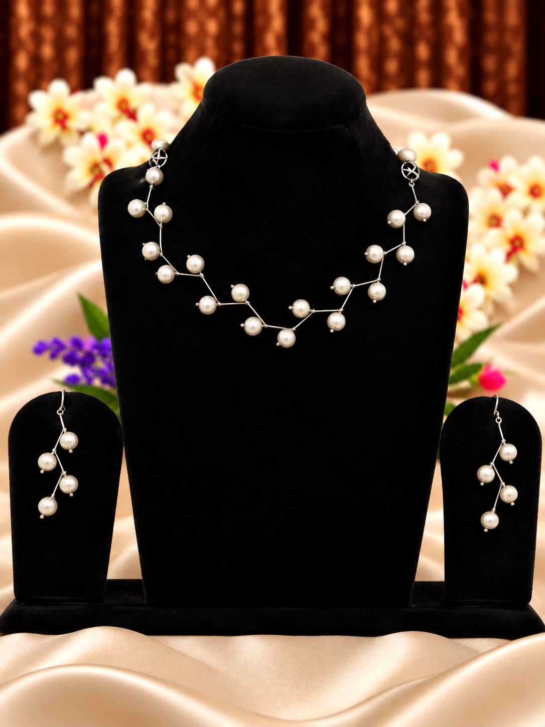 Oxidised silver replica beaded vine necklace set with matching earrings
