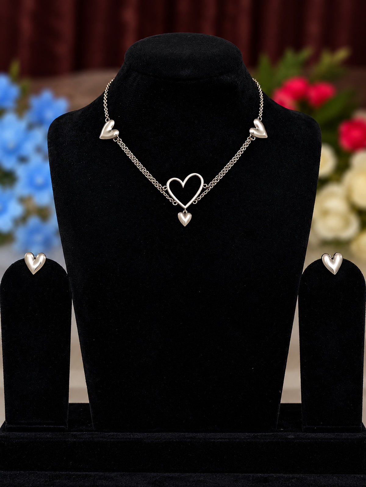 Silver replica heart necklace and matching earrings set - optimized original view