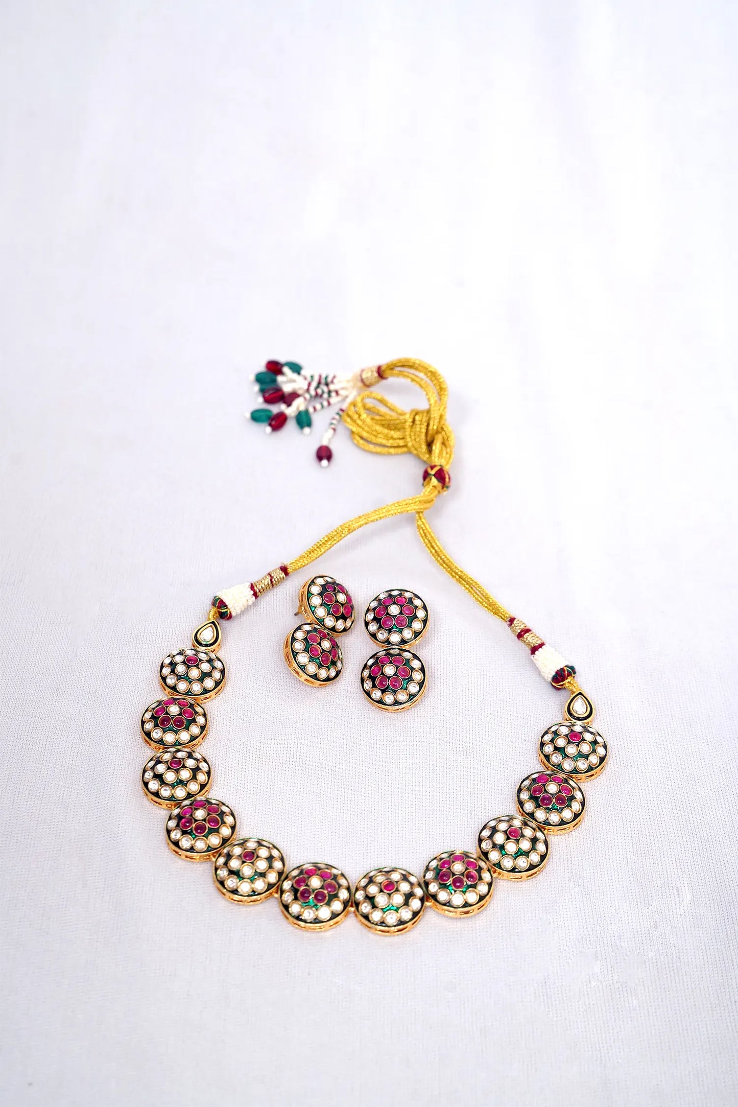 Traditional Meenakari Kundan Choker Necklace & Earrings Set in Green & Red Stones