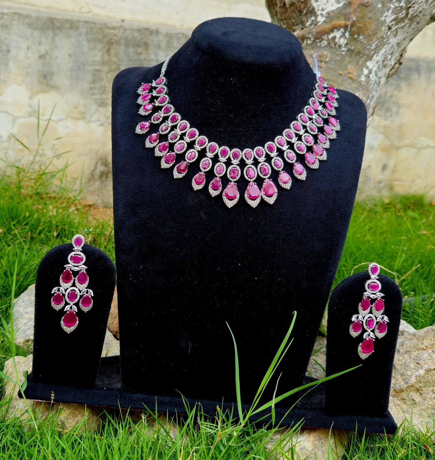 Exquisite Ruby Drop American Diamond Necklace Set