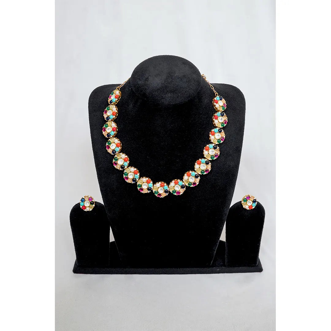 Navratna Kundan Necklace Set – Multicolor Gemstones