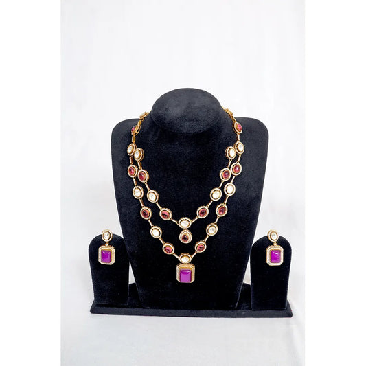 Elegant KantiKundan Ruby Amethyst Double Strand Jewellery Set