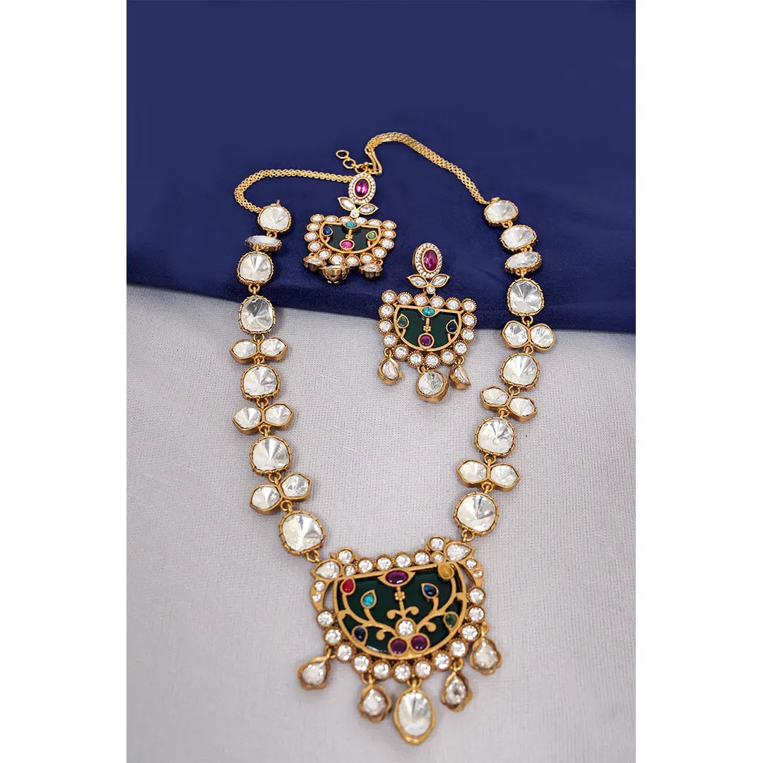 Moissanite Polki Kundan Necklace Set with Green Enamel