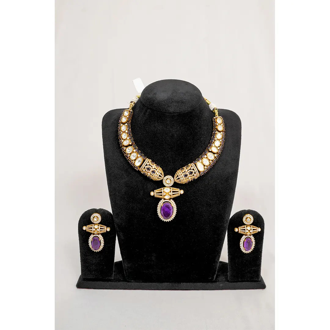 Statement Purple Amethyst Hasli Pendant Set – KantiKundan