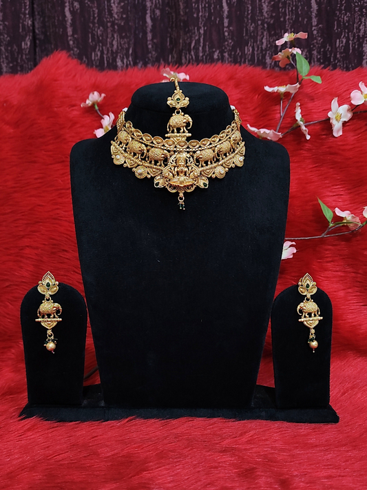 Pure Copper Royal Temple Choker Necklace Set with Earrings & Maang Tikka
