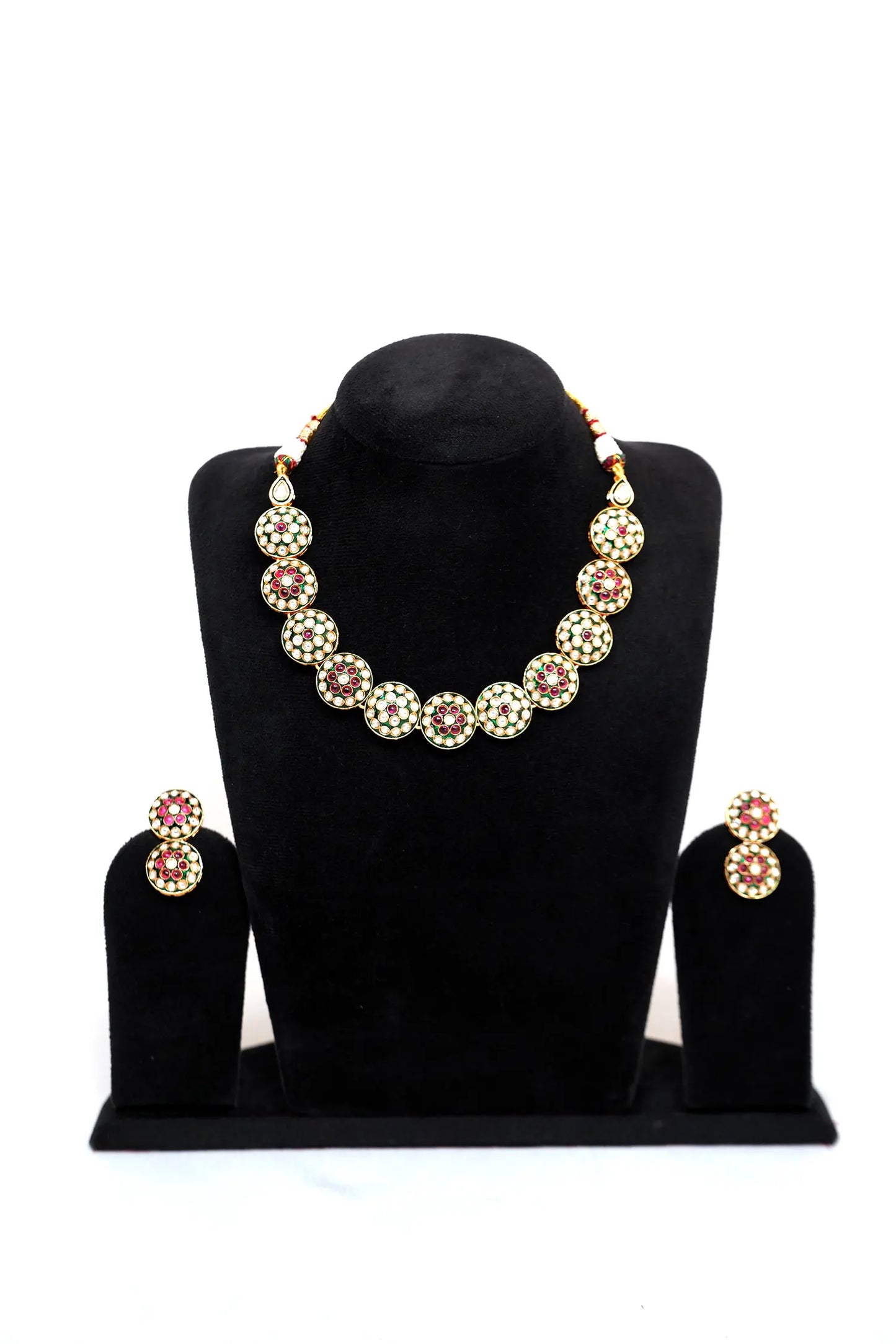 Traditional Meenakari Kundan Choker Necklace & Earrings Set in Green & Red Stones