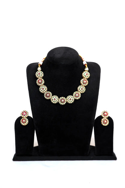 Traditional Meenakari Kundan Choker Necklace & Earrings Set in Green & Red Stones