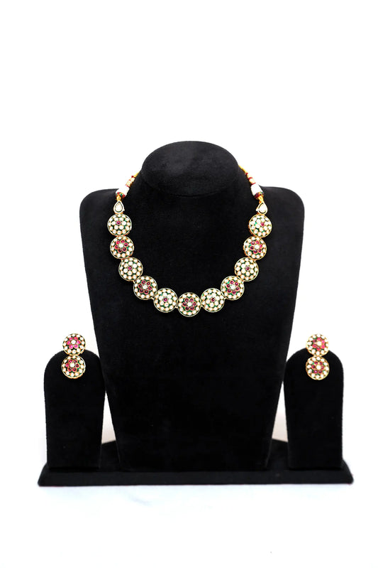 Traditional Meenakari Kundan Choker Necklace & Earrings Set in Green & Red Stones