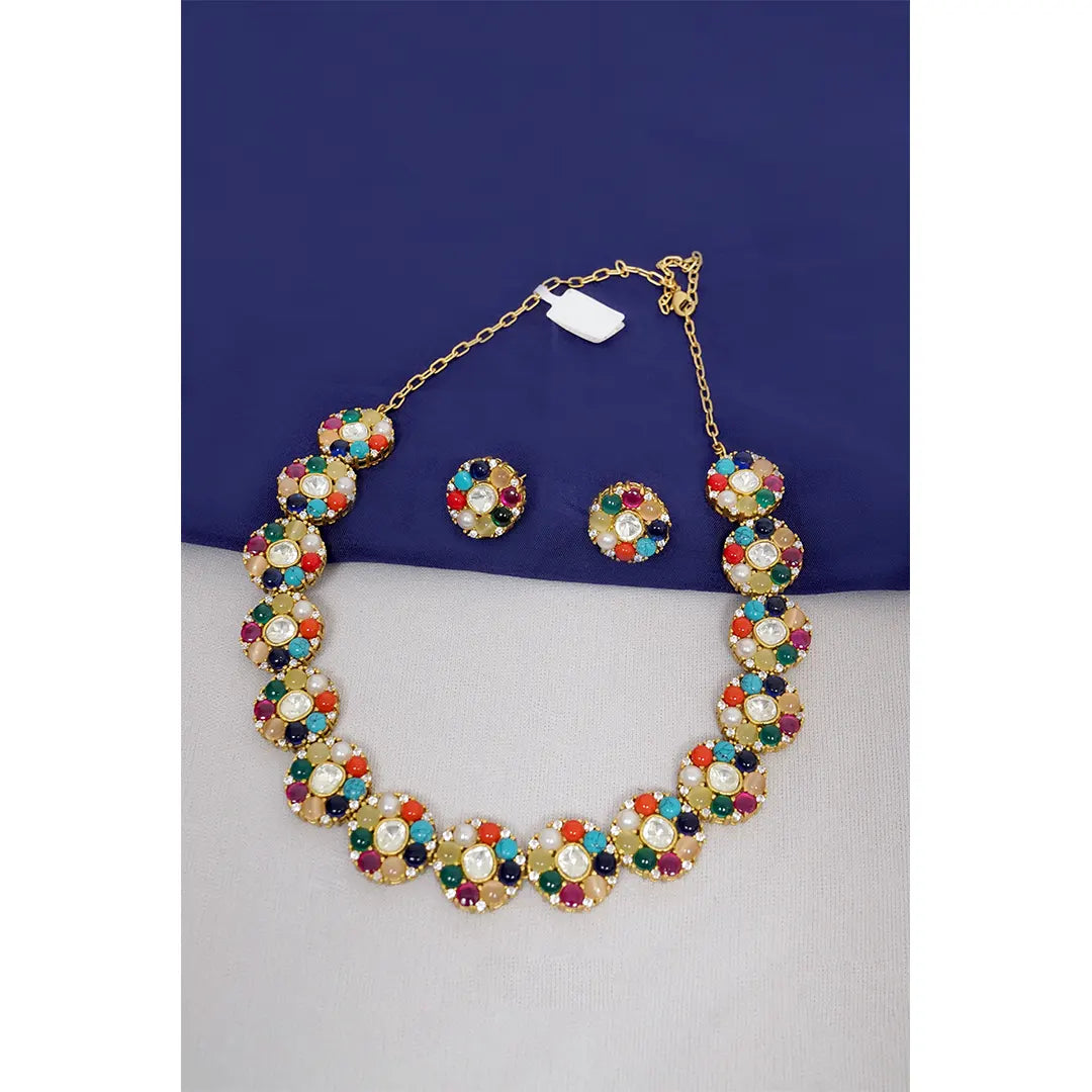 Navratna Kundan Necklace Set – Multicolor Gemstones
