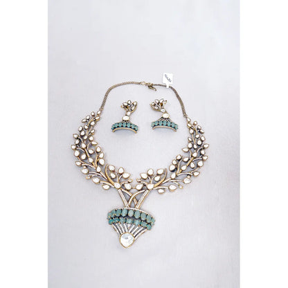Gold Plated Moissanite Polki Turquoise Pendant Set
