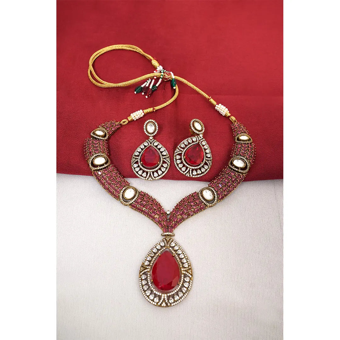 Vibrant Ruby Polki Teardrop Bridal Necklace – KantiKundan
