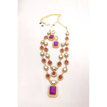 Elegant KantiKundan Ruby Amethyst Double Strand Jewellery Set