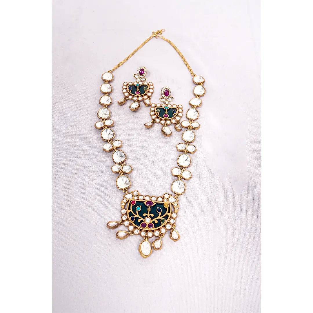Moissanite Polki Kundan Necklace Set with Green Enamel