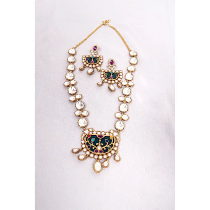 Moissanite Polki Kundan Necklace Set with Green Enamel