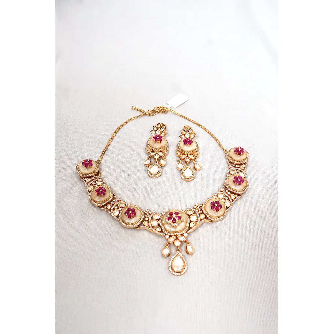 Ruby Floral Moissanite Necklace Set with Matching Earrings