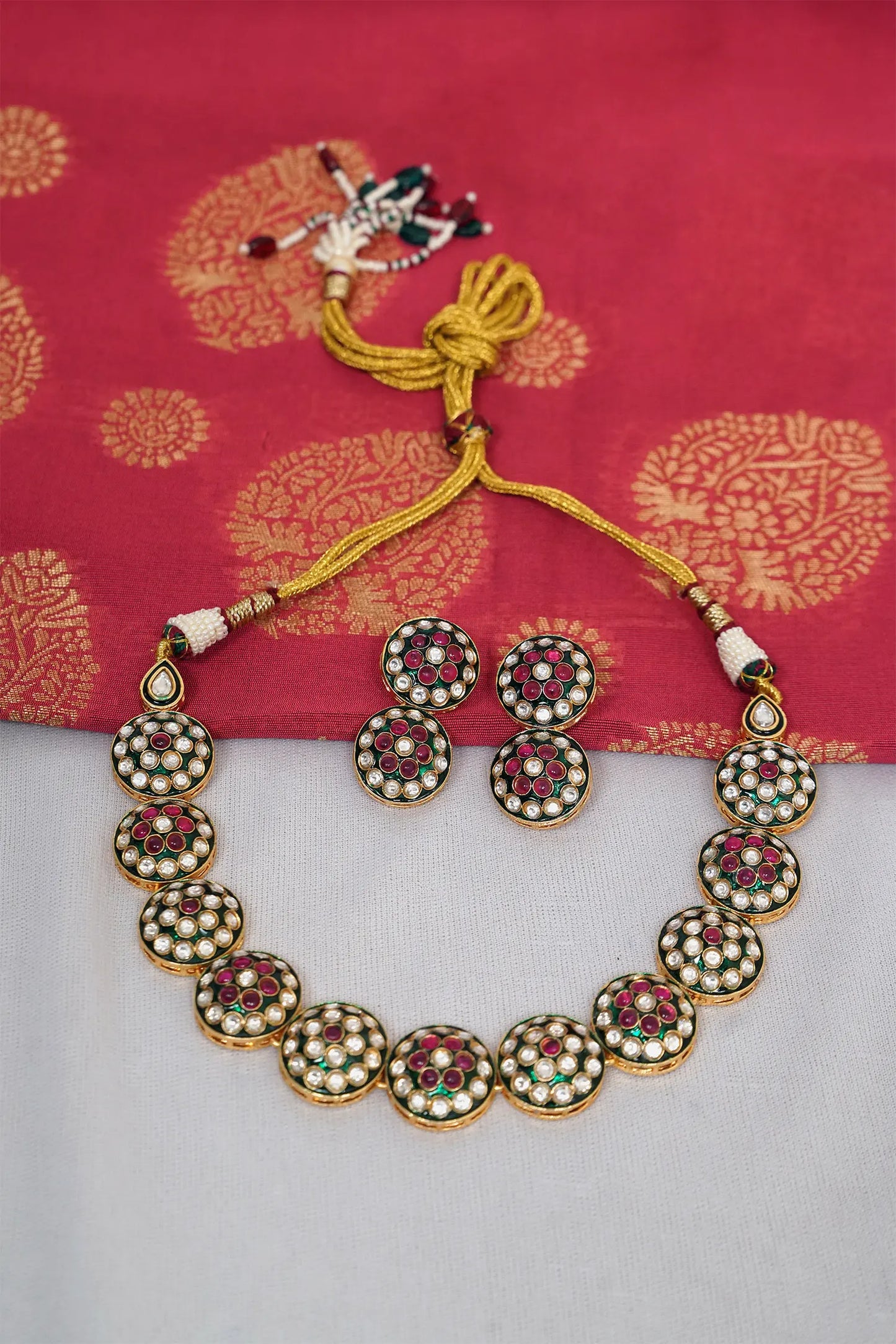 Traditional Meenakari Kundan Choker Necklace & Earrings Set in Green & Red Stones