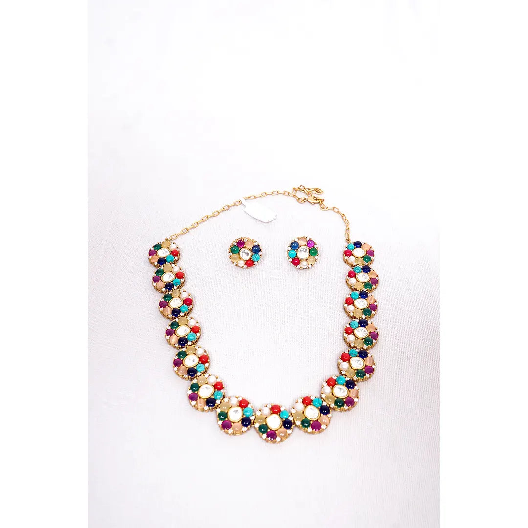 Navratna Kundan Necklace Set – Multicolor Gemstones