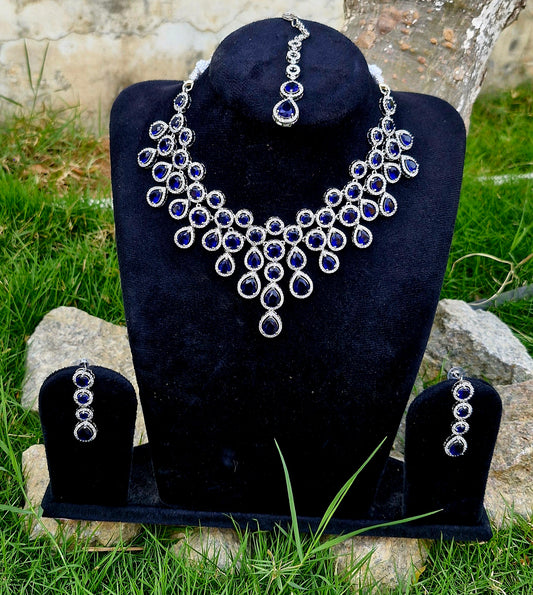 Royal Blue Teardrop-Shaped American Diamond Necklace Set