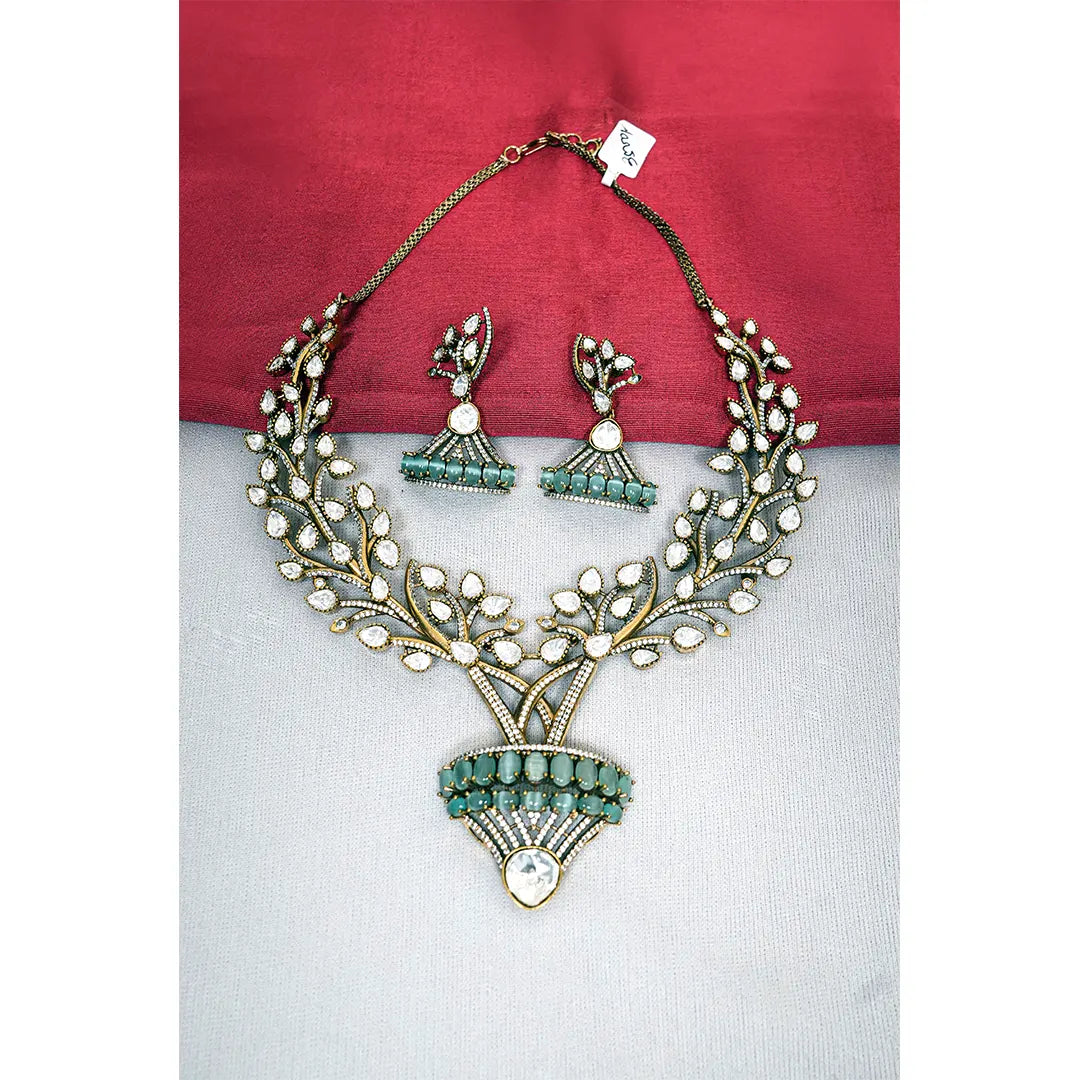 Gold Plated Moissanite Polki Turquoise Pendant Set