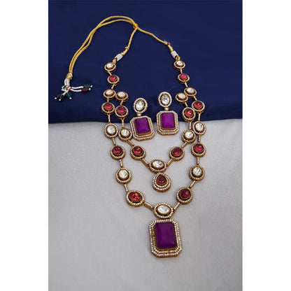 Elegant KantiKundan Ruby Amethyst Double Strand Jewellery Set