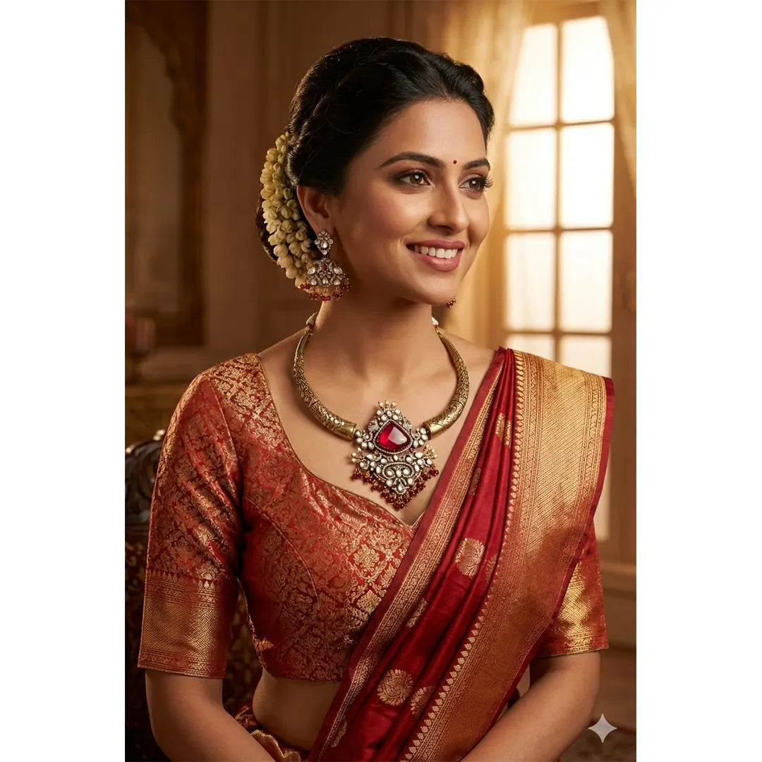 Traditional Hasli Necklace Set – Maroon Ruby & Pearls