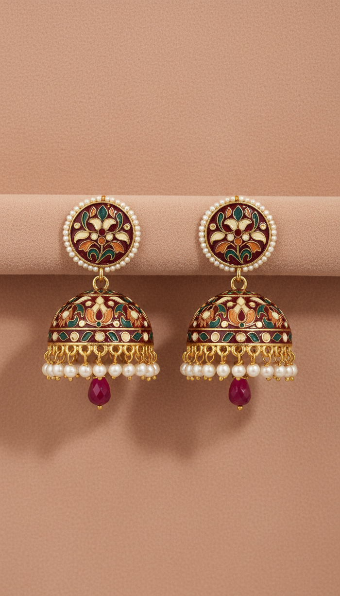 Meenakari jhumka earrings in emerald green
