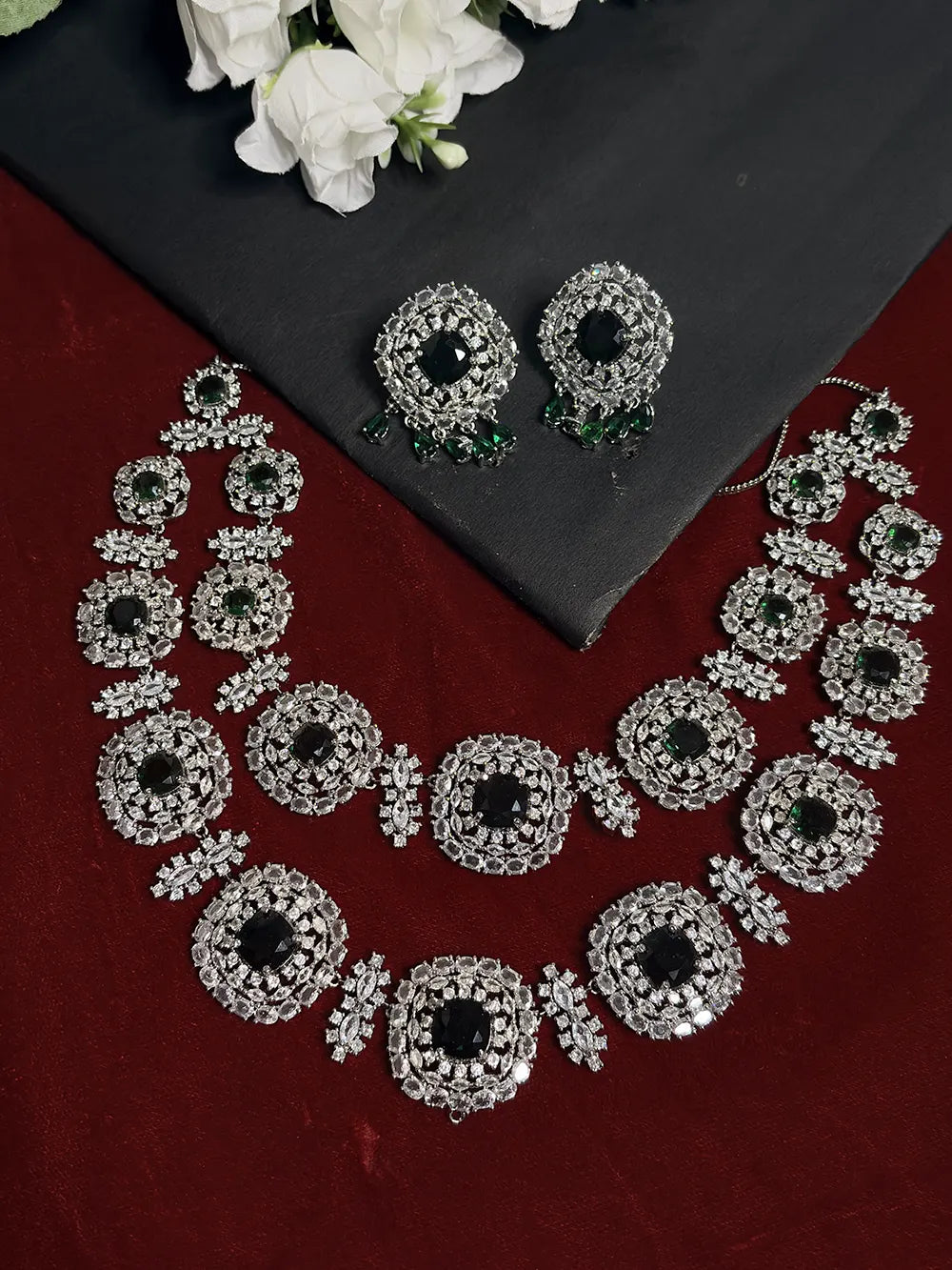 Emerald Green American Diamond Necklace Set with Earrings