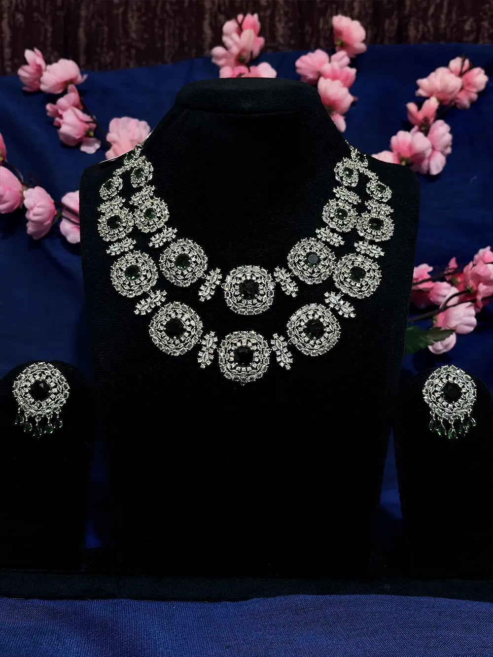 Emerald Green American Diamond Necklace Set with Earrings