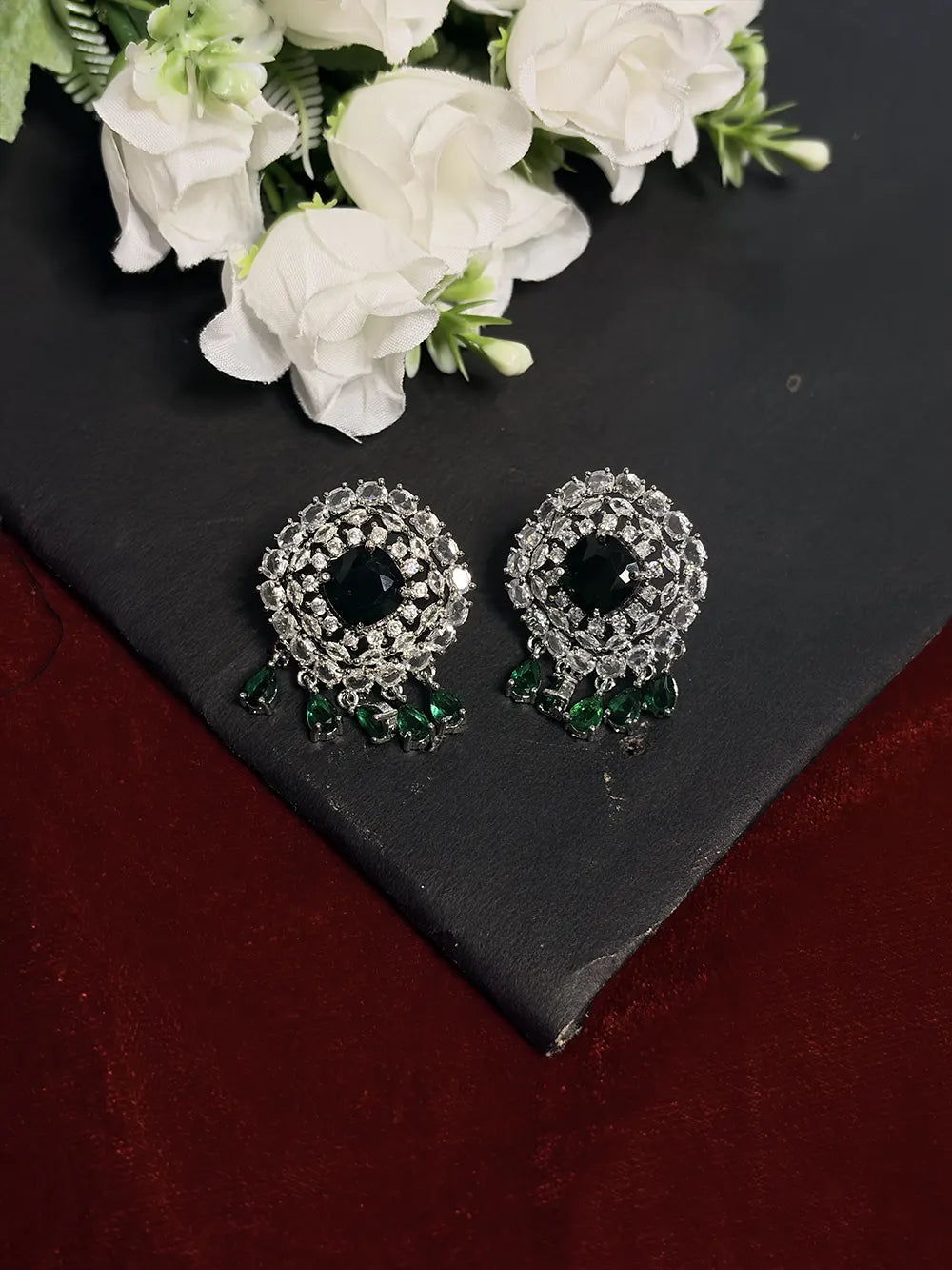 Emerald Green American Diamond Necklace Set with Earrings