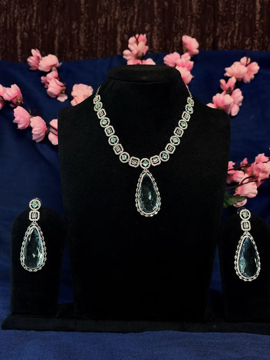 Aqua Blue American Diamond Necklace Set with Drop Earrings